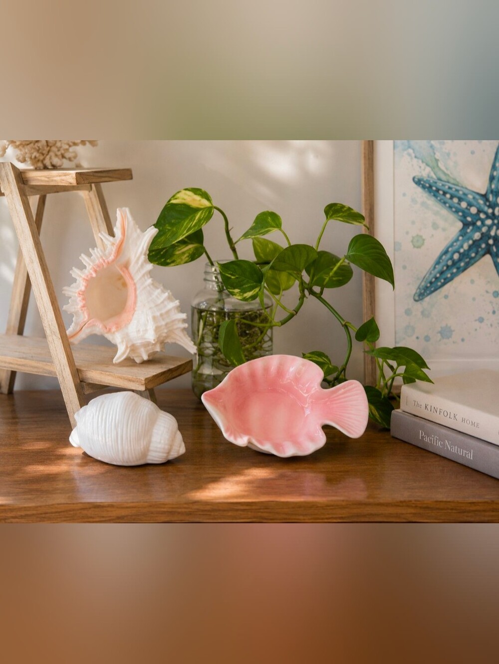 Big SeaShell Coastal Decor | Vintage Pink Ceramic Fish | Tealight Conch | Beachy